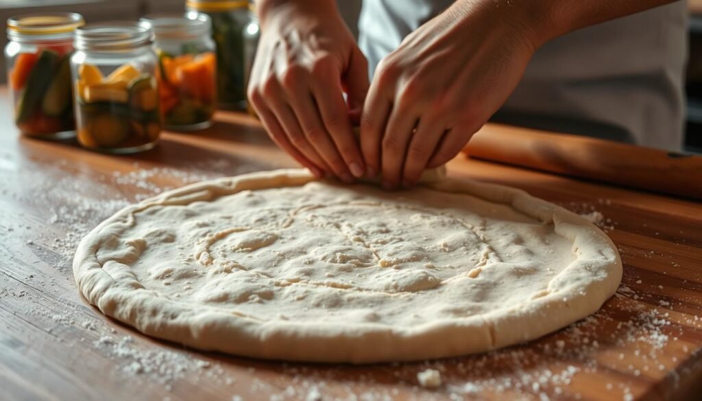 shaping pizza crust