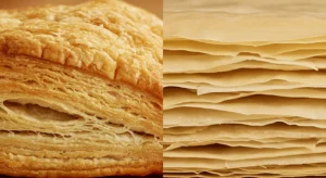 Close-up comparison of puff pastry and phyllo sheets.